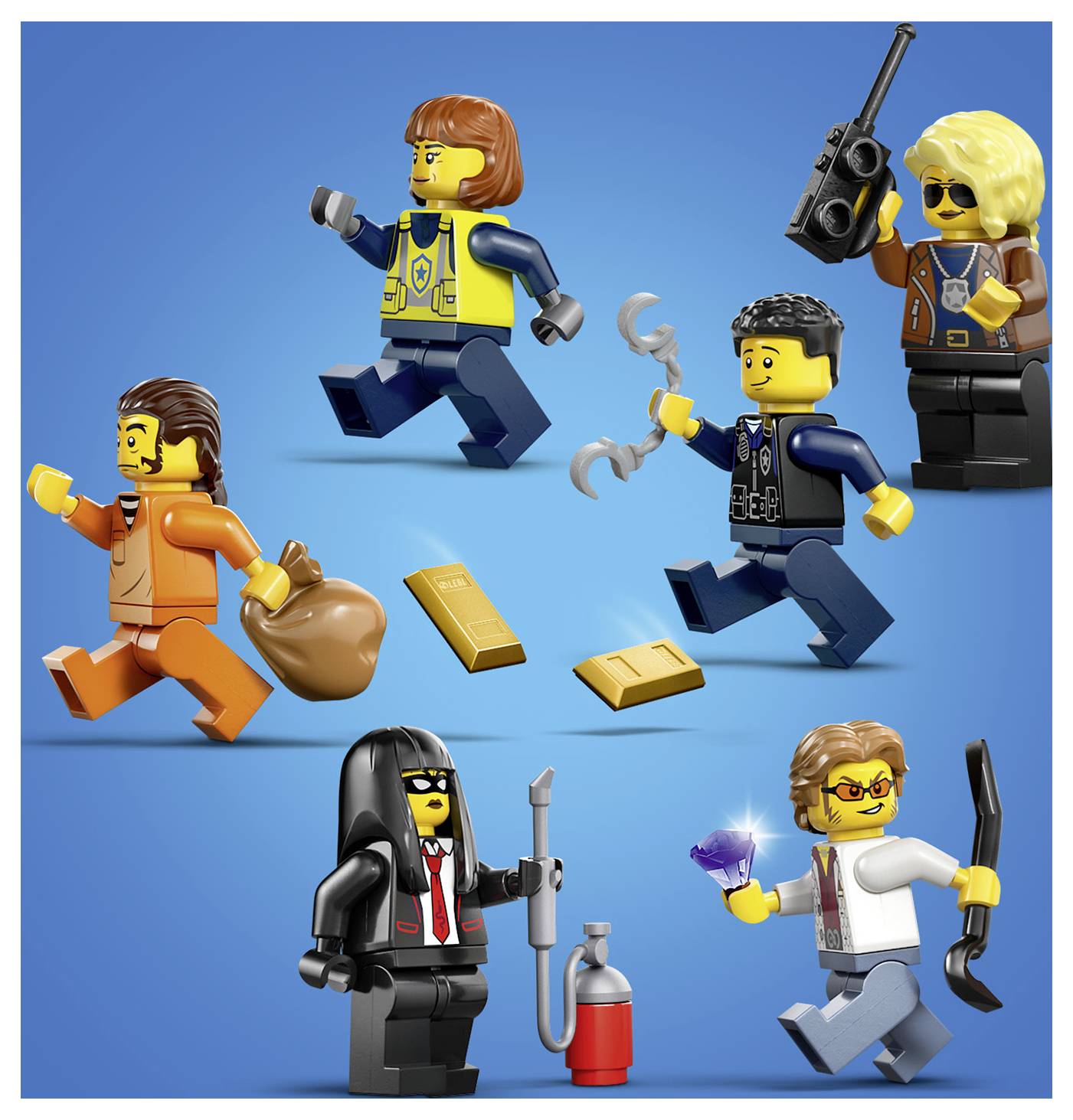 Figurky Lego zobrazují scénu loupeže s lupiči v oranžových přeskakovacích oblecích nošících tašky a pronásledovanými policisty v modrých uniformách.