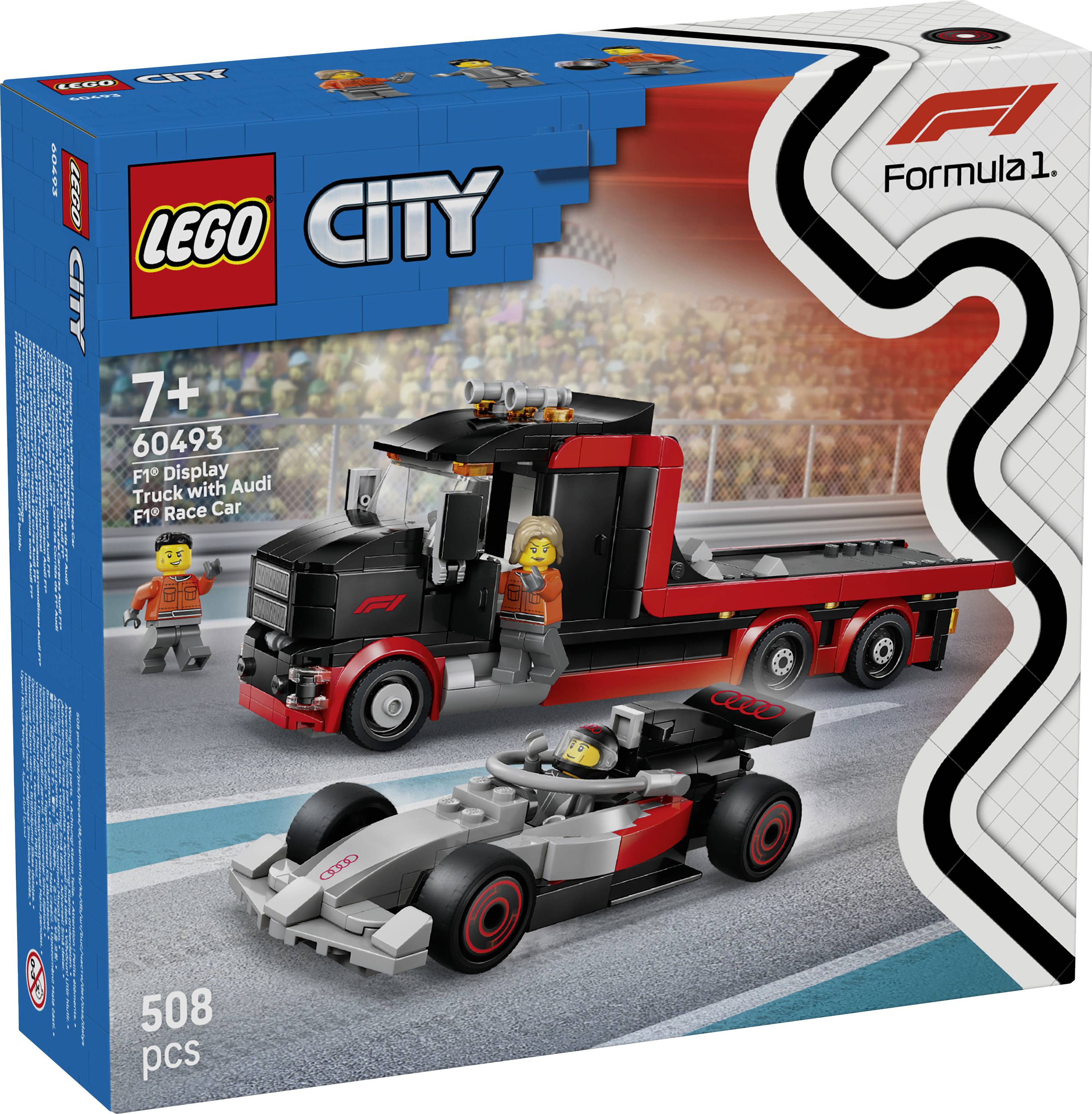Balení "LEGO City" zobrazující stavbu s motivem "Formule 1" s černým a červeným vozem a závodním autem. Obsahuje řidiče a mechanika. 508 dílků, pro věk 7 let a výše.
