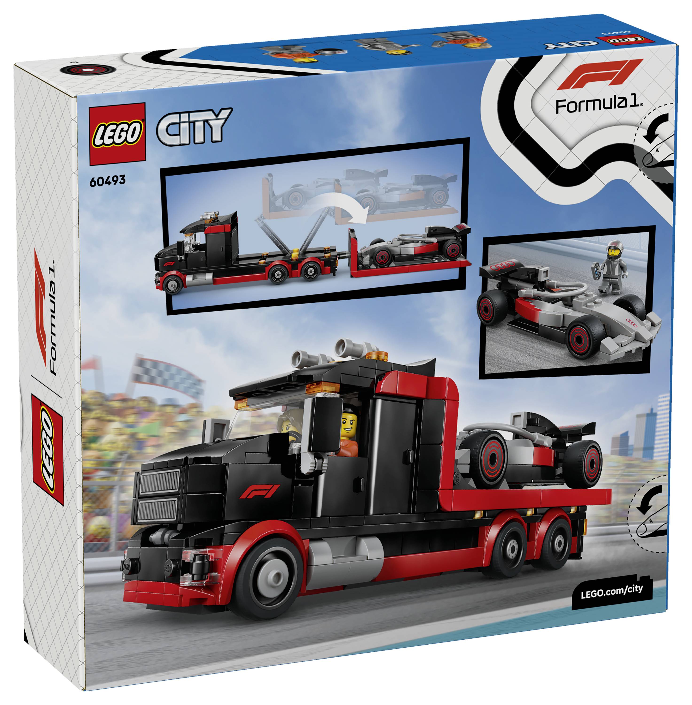 Lego City sada formule 1 s krabicí zobrazující černý a červený nákladní vůz přepravující závodní vůz, s ilustracemi ukazujícími sestavení a scény k hraní.