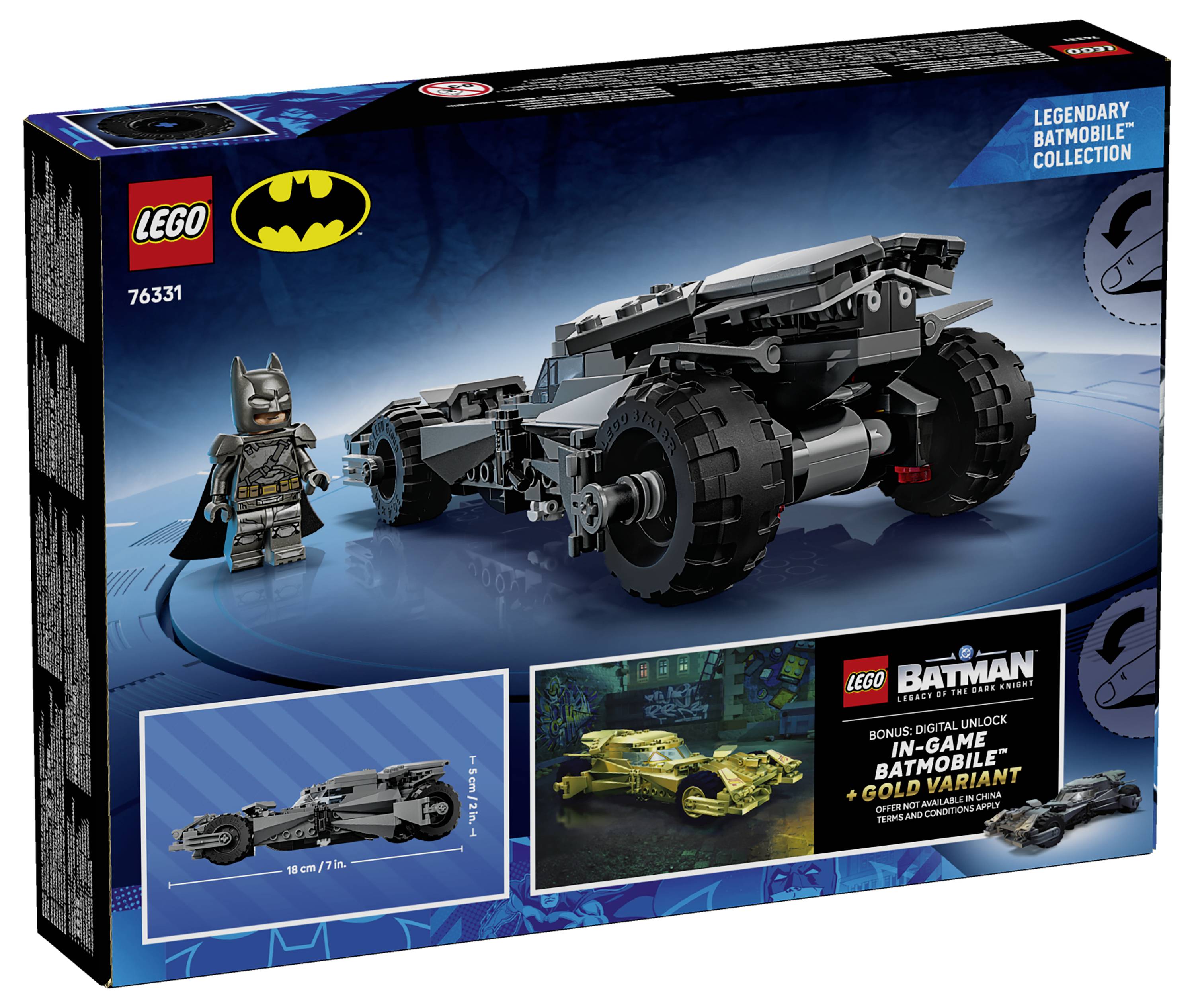 Sada Lego Batman s Batmobilem, obsahující figurku Batmana a podrobný model automobilu. Součástí je bonus digitální obsah v hře.
