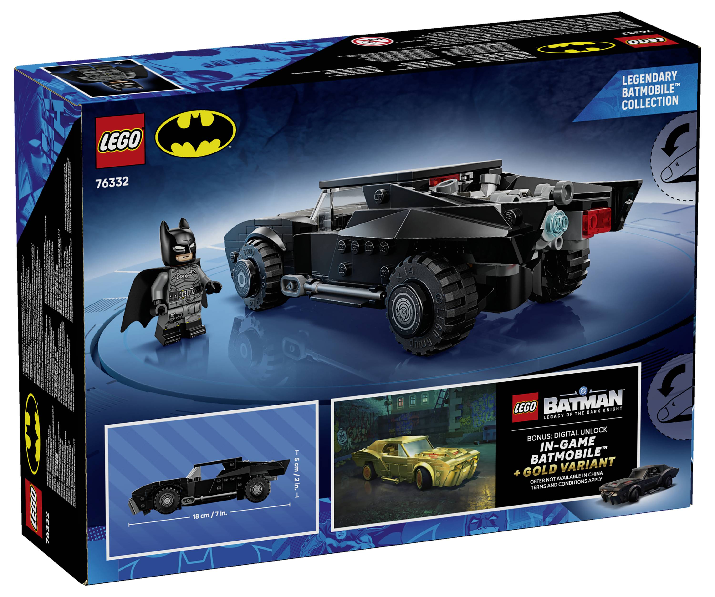 Sada LEGO Batman s krabicí obsahující Batmobil. Zahrnuje figurku Batmana a model Batmobilu. Značka kolekce „Legendary Batmobile" (Legendární Batmobil).