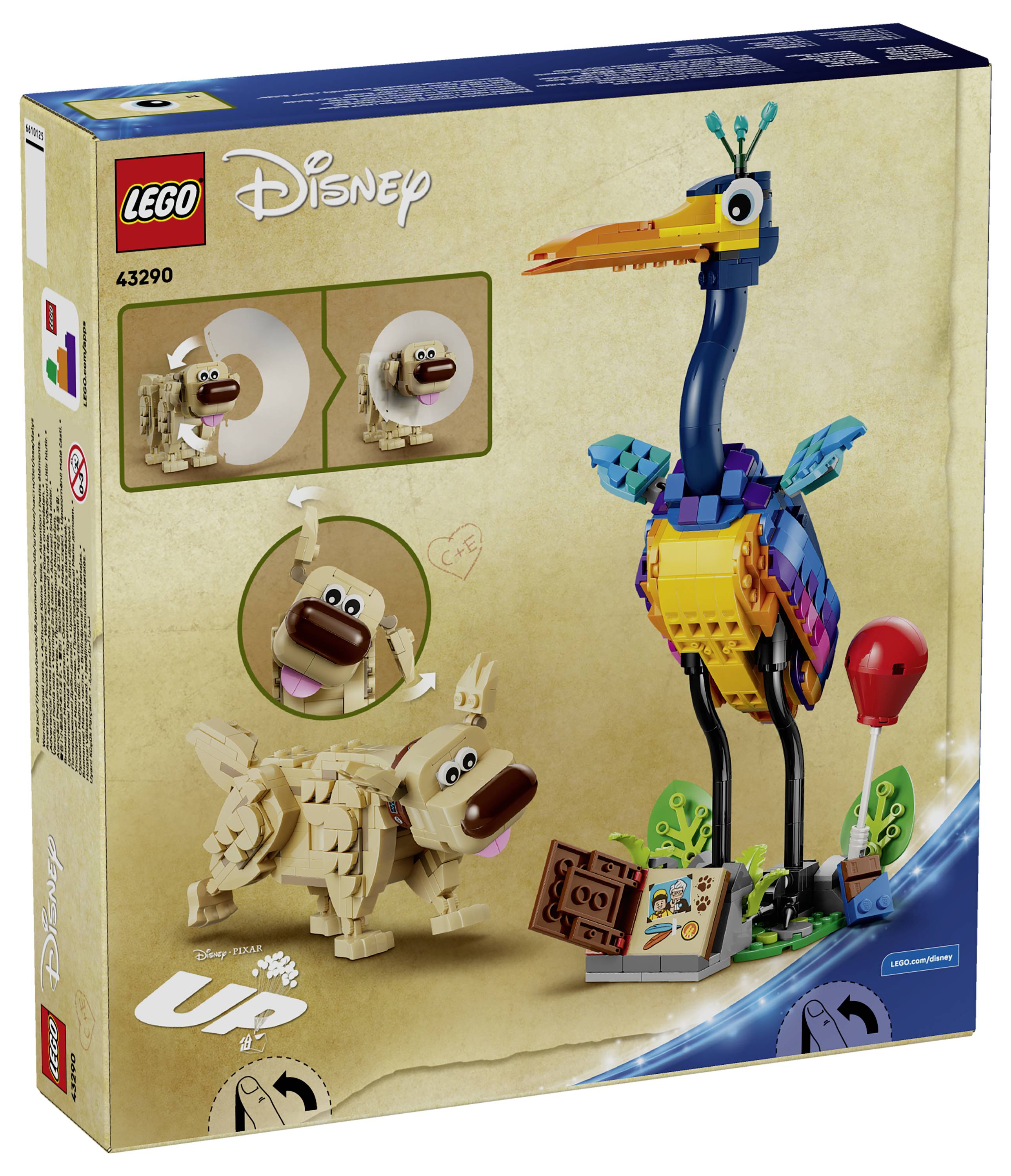 Krabice „Lego Disney 43290" zobrazující barevného ptáka a psa s příslušenstvím z filmu „Vzhůru do oblak", spolu s náhledem sestaveného modelu.