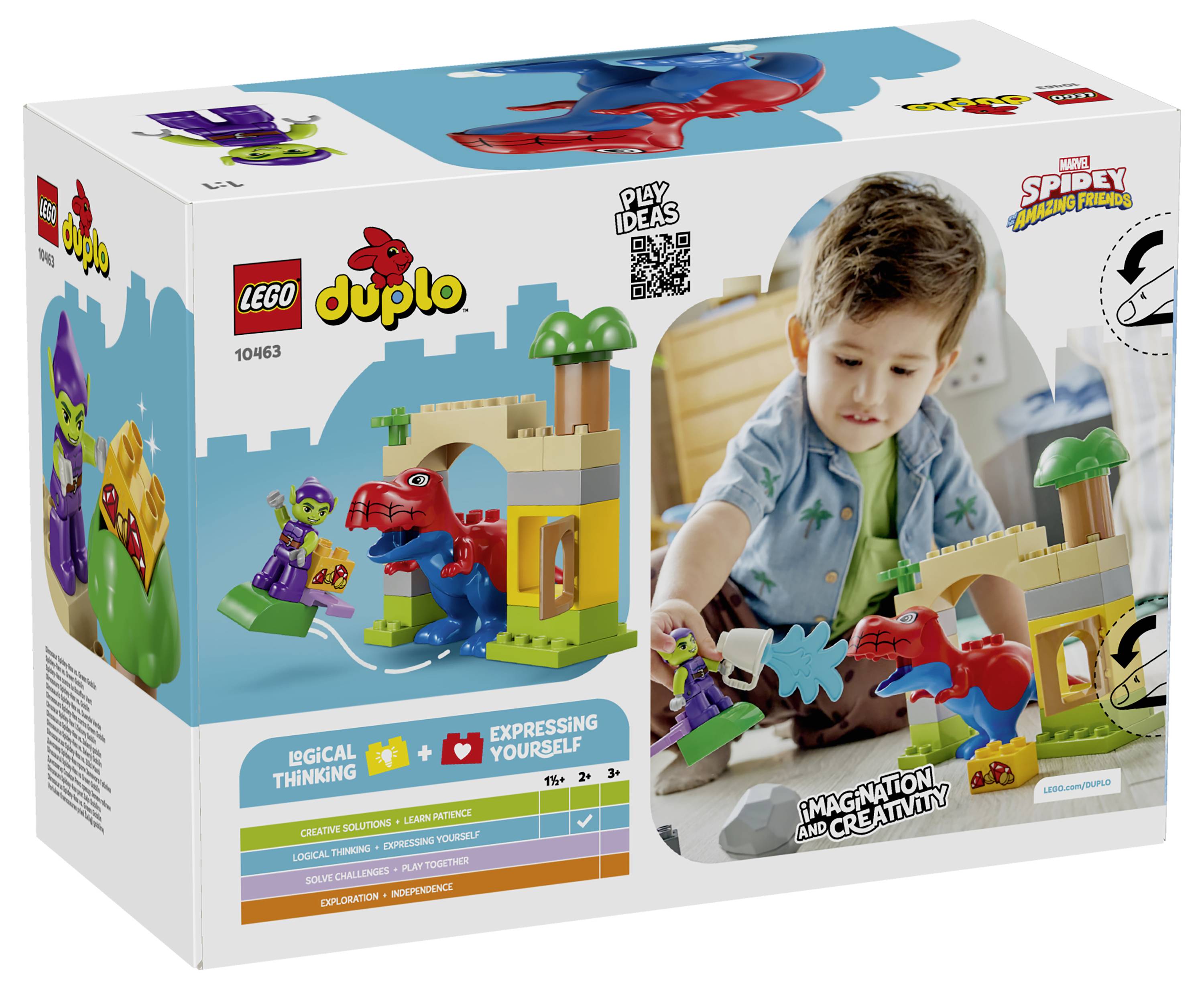 'Stavebnice LEGO Duplo Spidey and His Amazing Friends: Dítě si hraje s figurkami superhrdiny a barevnou interaktivní scenérou.'
