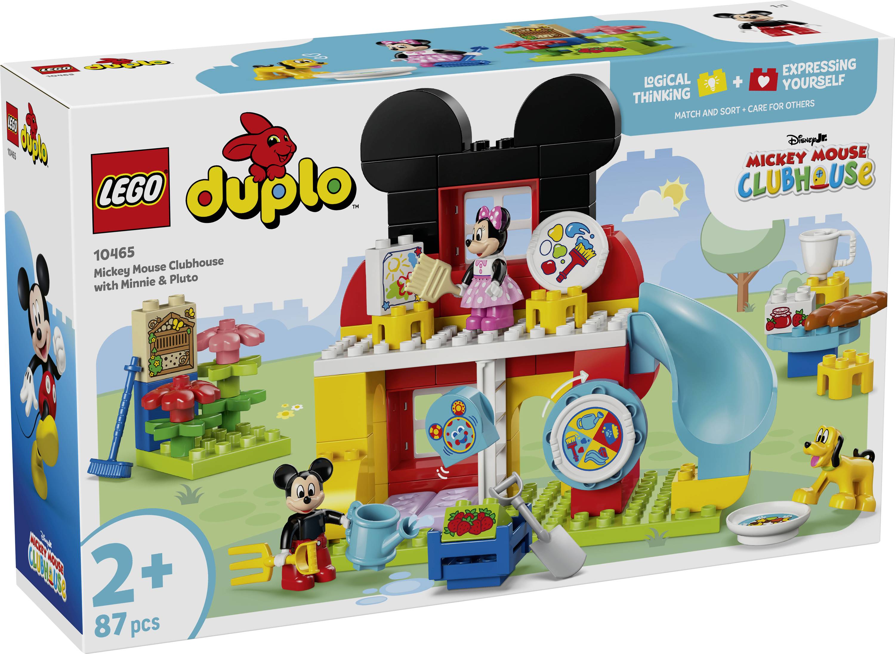 'Sada LEGO DUPLO Klubovna Mickey Mousea s cihlovou domkem, Minnie a hračkami na krabici. Pro děti od 2 let, rozvíjí logické myšlení a kreativitu.'