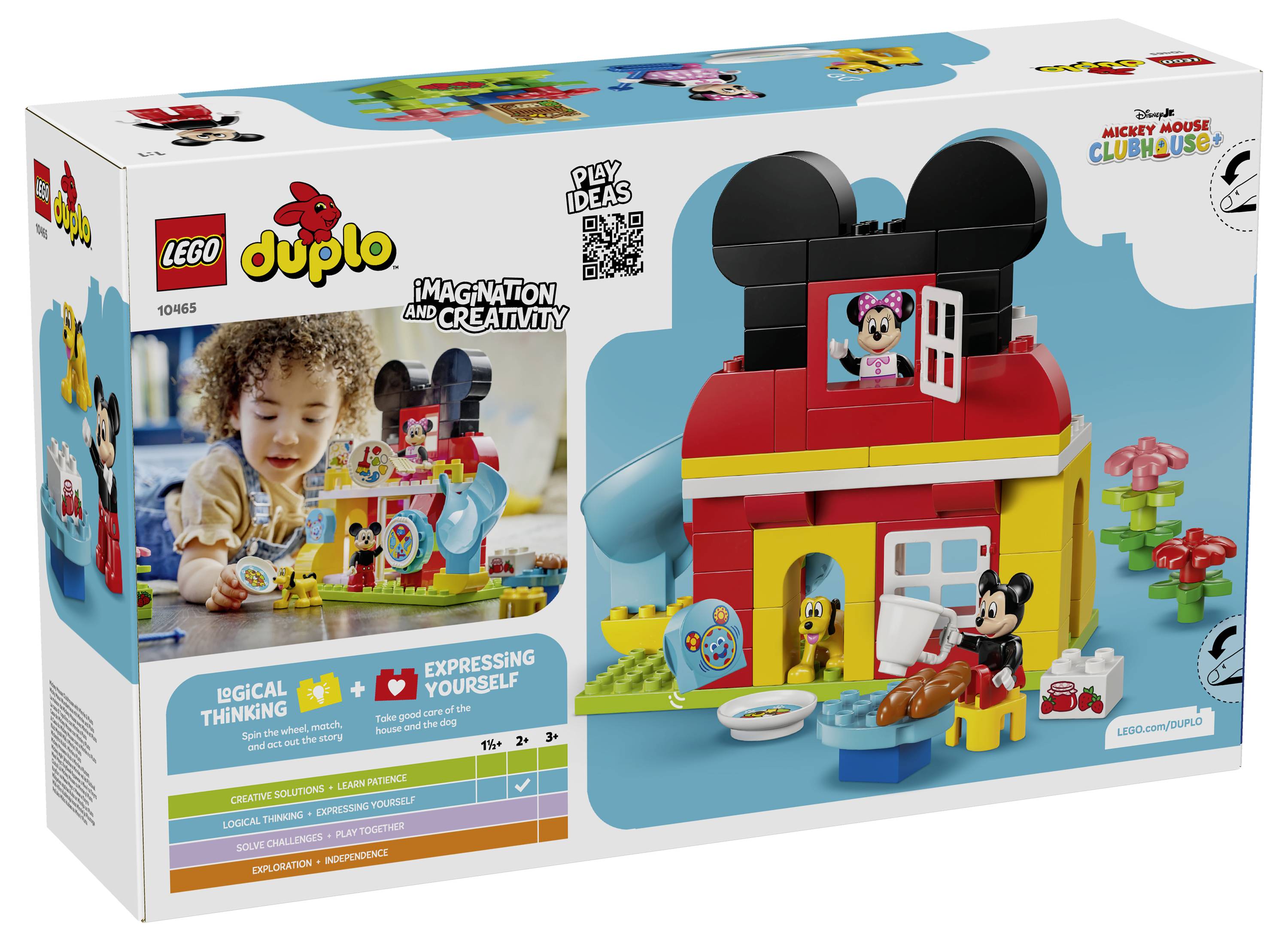 Krabice LEGO Duplo s tematikou Mickeymousova klubovny, určená pro věk 2+, podporující imaginativní hru a kreativitu.