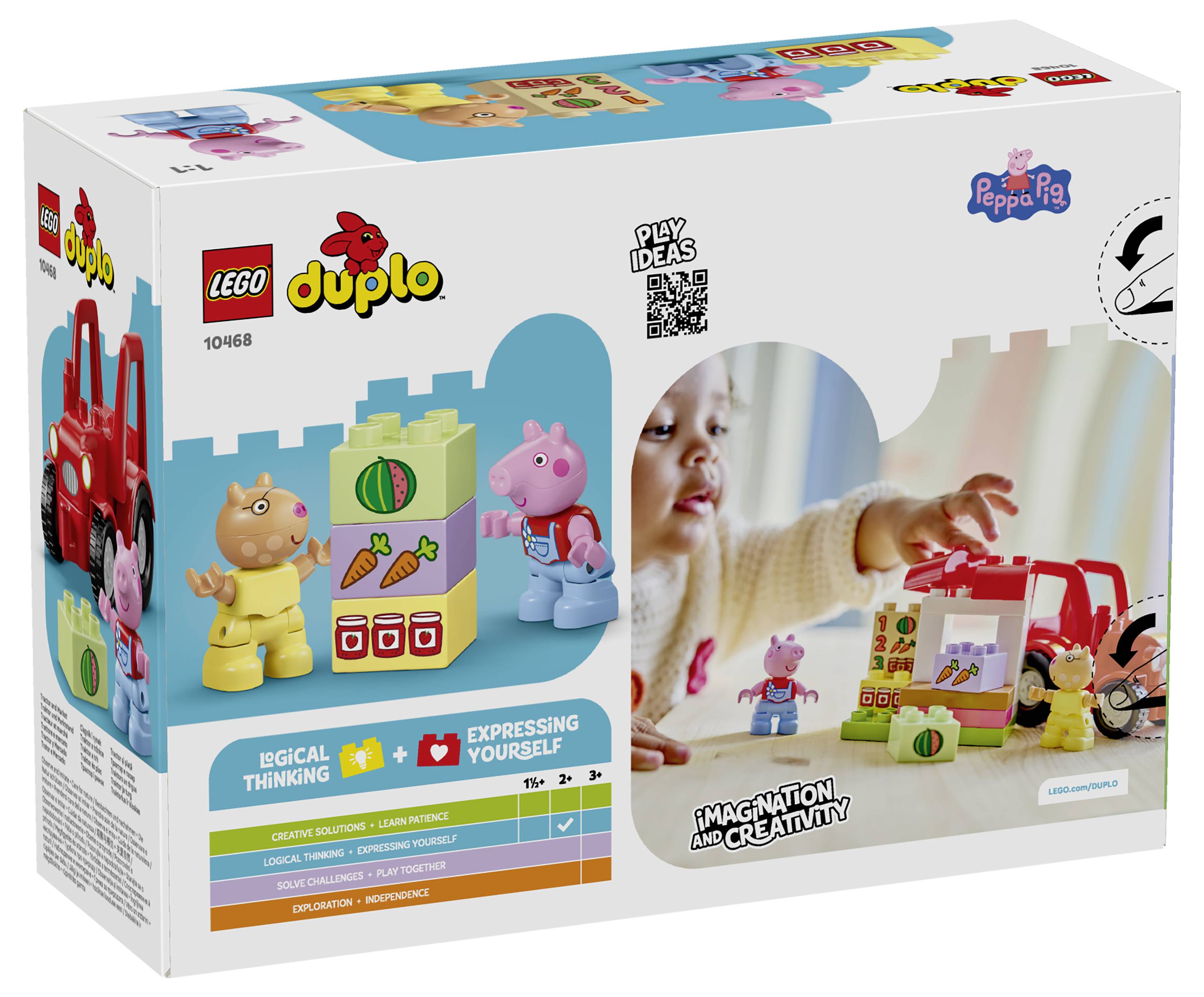 'Sada Lego Duplo Peppa Pig v krabici obsahující postavy, barevnou stavbu s grafikou mrkve a zeleniny a hračkářské auto.'