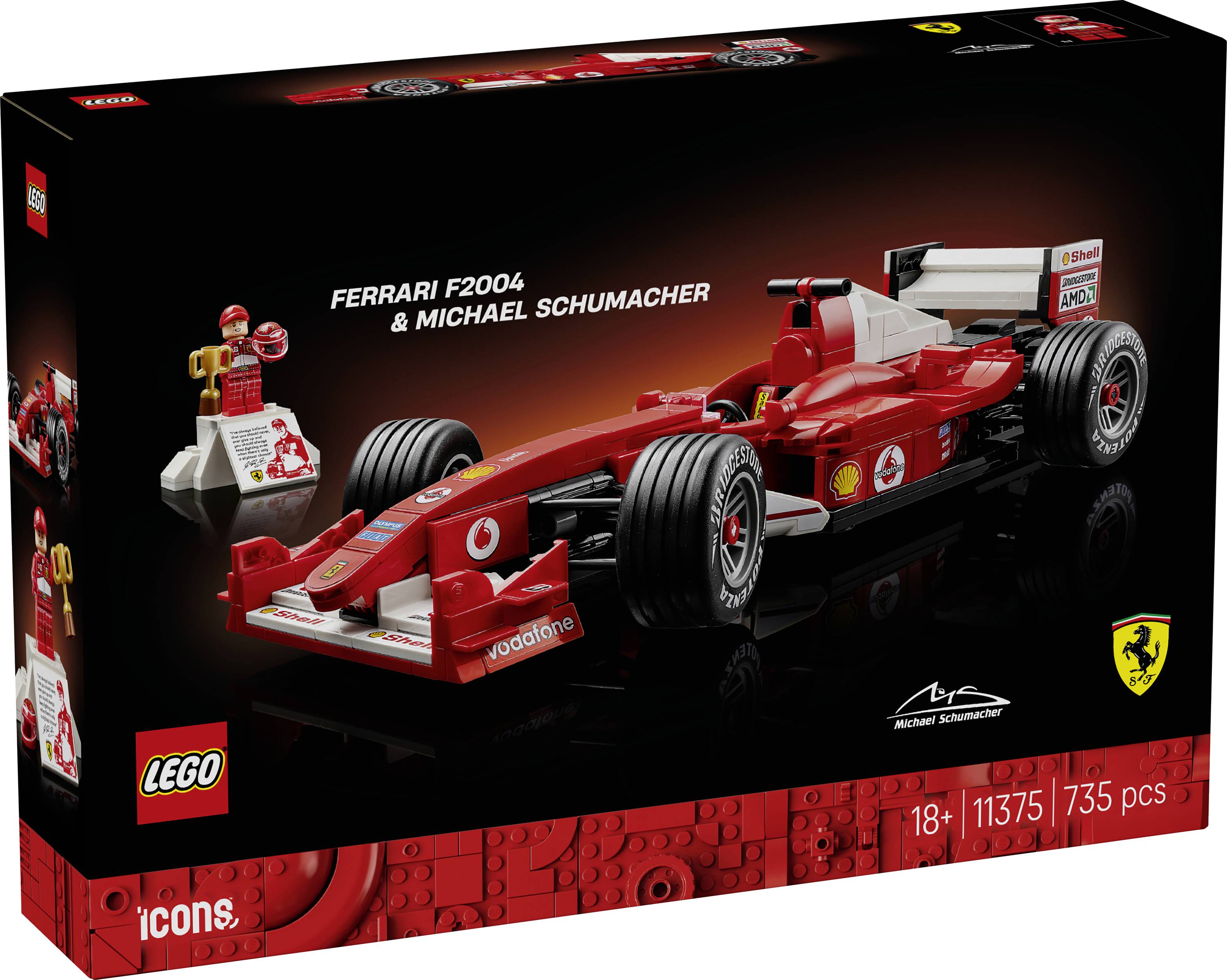 Krabice sady Lego s červeným závodním autem Ferrari F2004, označenou "Ferrari F2004 & Michael Schumacher", obsahující 735 dílků, určená pro věk 18+.