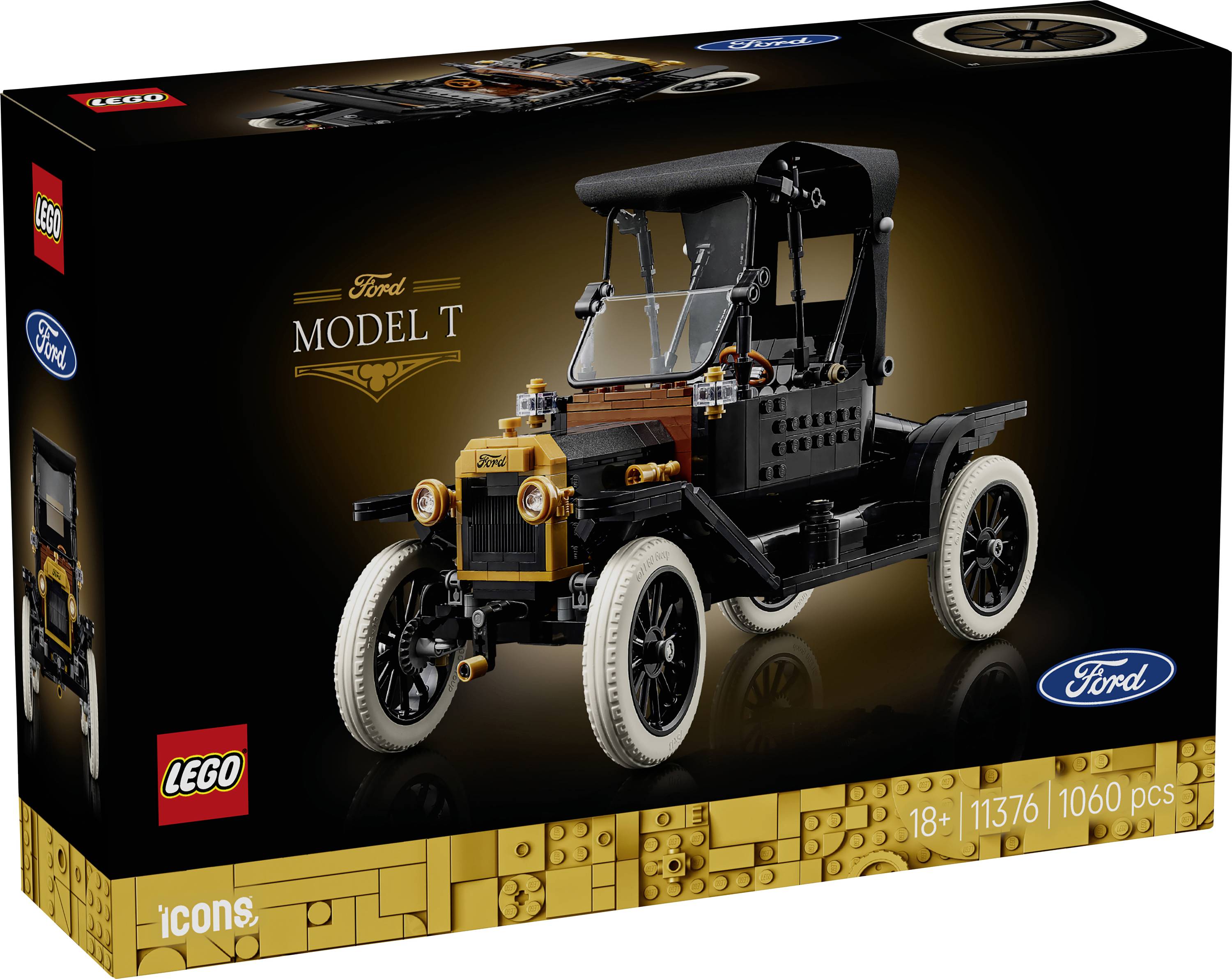 LEGO Ford Model T sada v krabici s detailním obrázkem sestaveného černého a hnědého modelu automobilu. Sada obsahuje 1060 kusů, určena pro věk 18+.