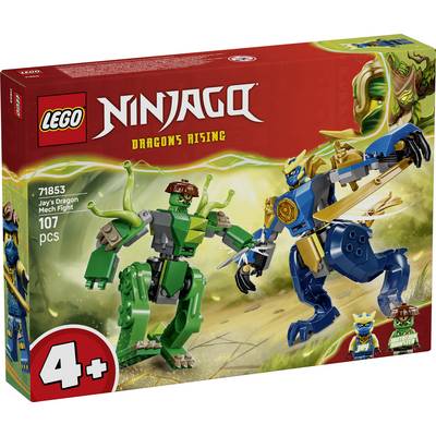 LEGO Ninjago sada 'Jayův boj s dračím mechům'. Obsahuje modrého a žlutého dračího mecha bojujícího se zelenou robotickou postavou. 107 dílků, věk 4+.
