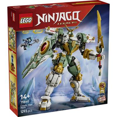 Krabice sady LEGO Ninjago s „Lloydovým Titan Mechem", složitým zeleným a bílým robotem se mečem a štítem, 1293 dílů.