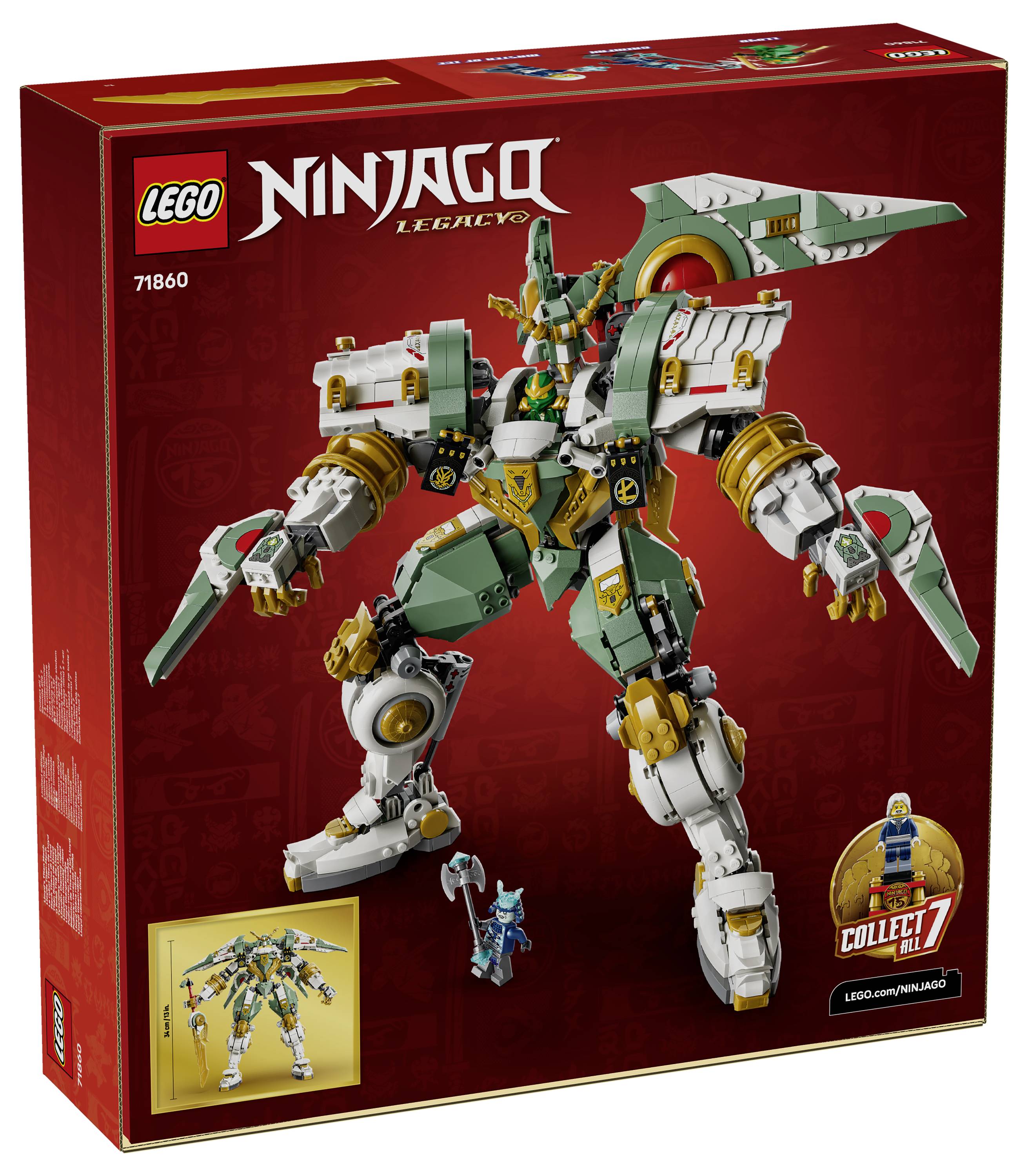LEGO Ninjago Legacy krabice zobrazující '71860 White Mech' s příslušenstvím, včetně figurky a malého robota na červeném pozadí.