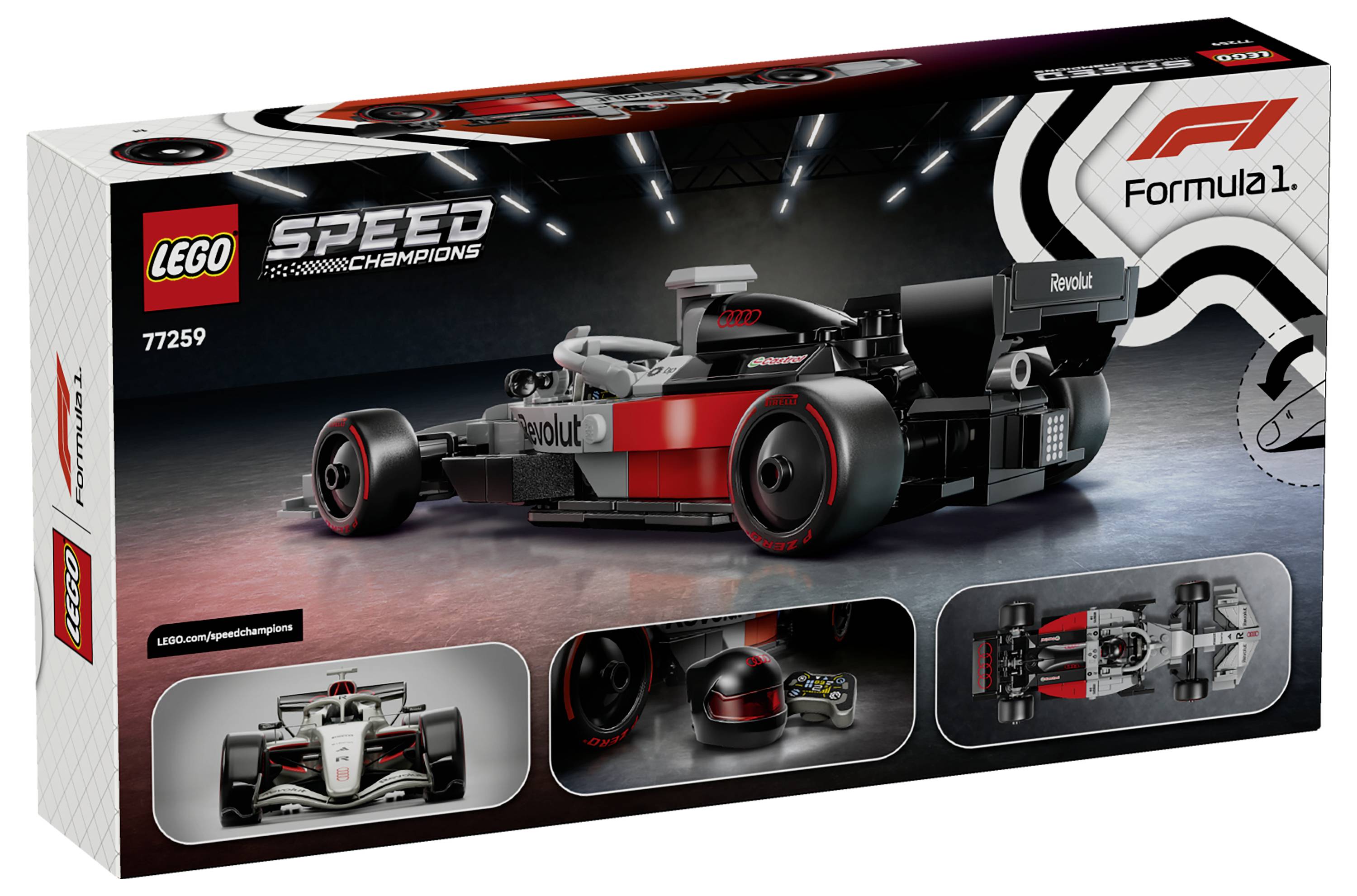 Krabice LEGO Speed Champions závodního vozu Formule 1. Obsahuje černočervený závodní vůz s jezdcem, přilbou a zobrazuje vůz z různých úhlů.