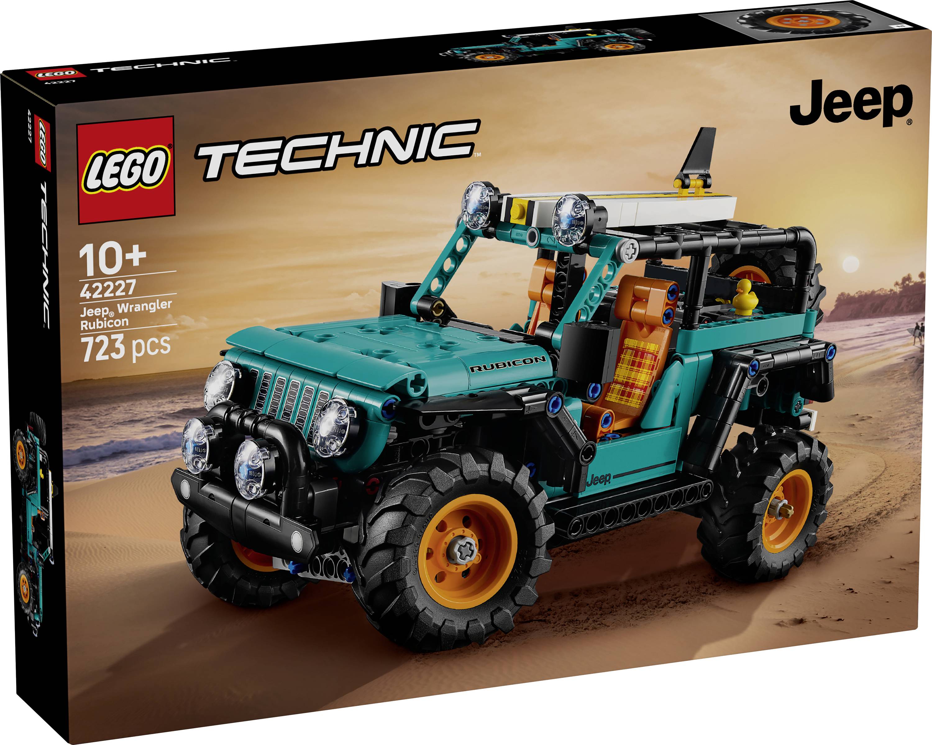 Sada 'LEGO Technic Jeep Wrangler Rubicon' s 723 součástkami, doporučeno pro věk 10+, zobrazeno na krabici s plážovým motivem.