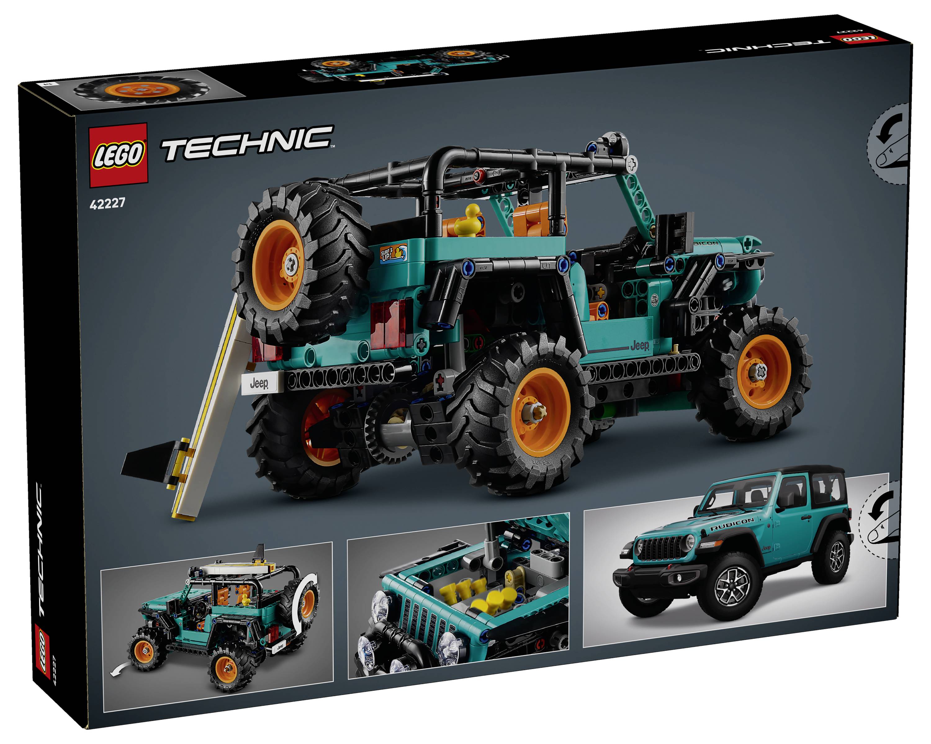 LEGO Technic Jeepový model v krabici, který představuje modré a oranžové terénní vozidlo s velkými pneumatikami, zobrazené z různých úhlů na obalu.