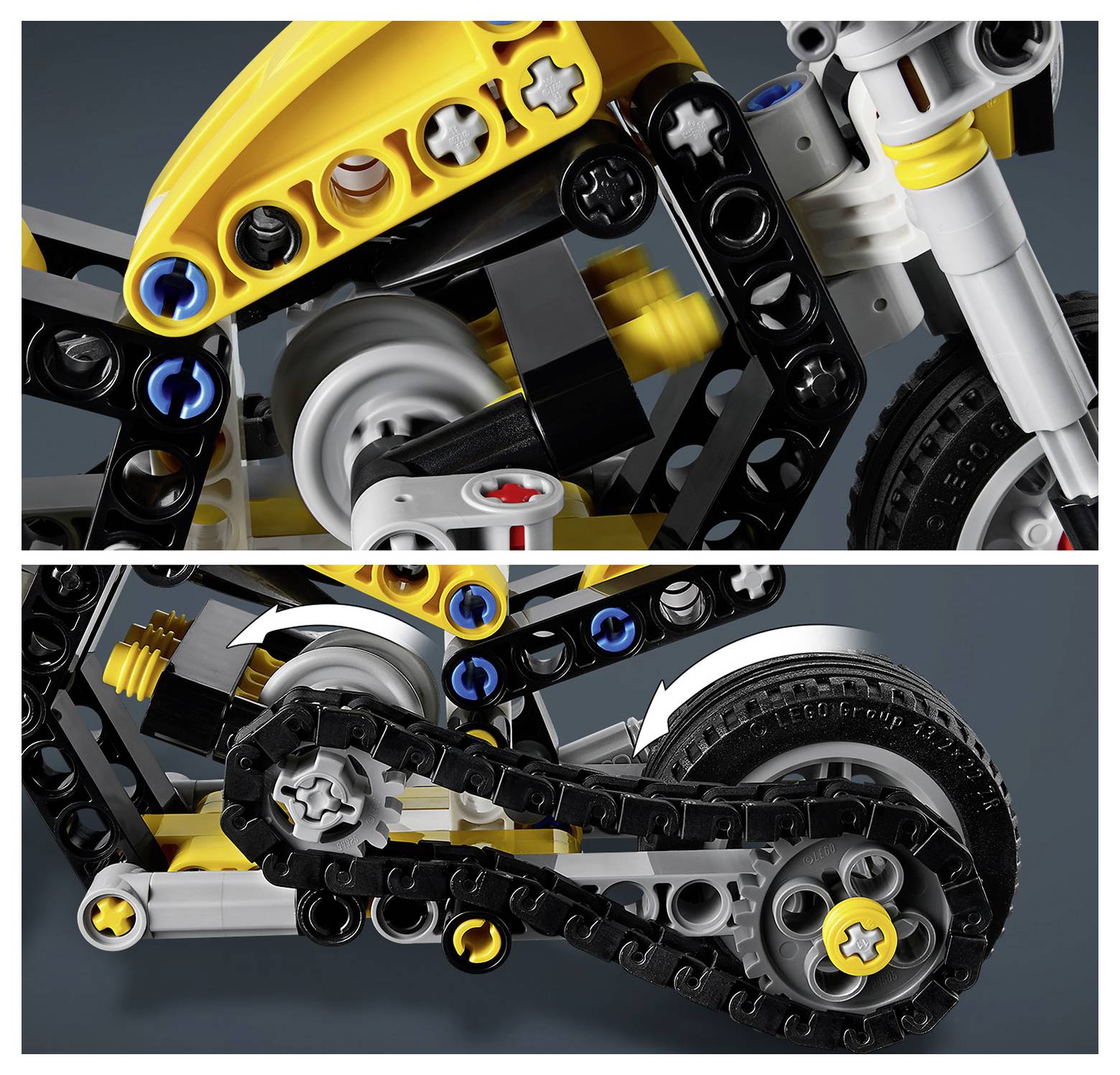 Detailní záběr na motocykl z konstrukční stavebnice, který ukazuje převodové mechanismy a řetězový pohon proti tmavému pozadí.