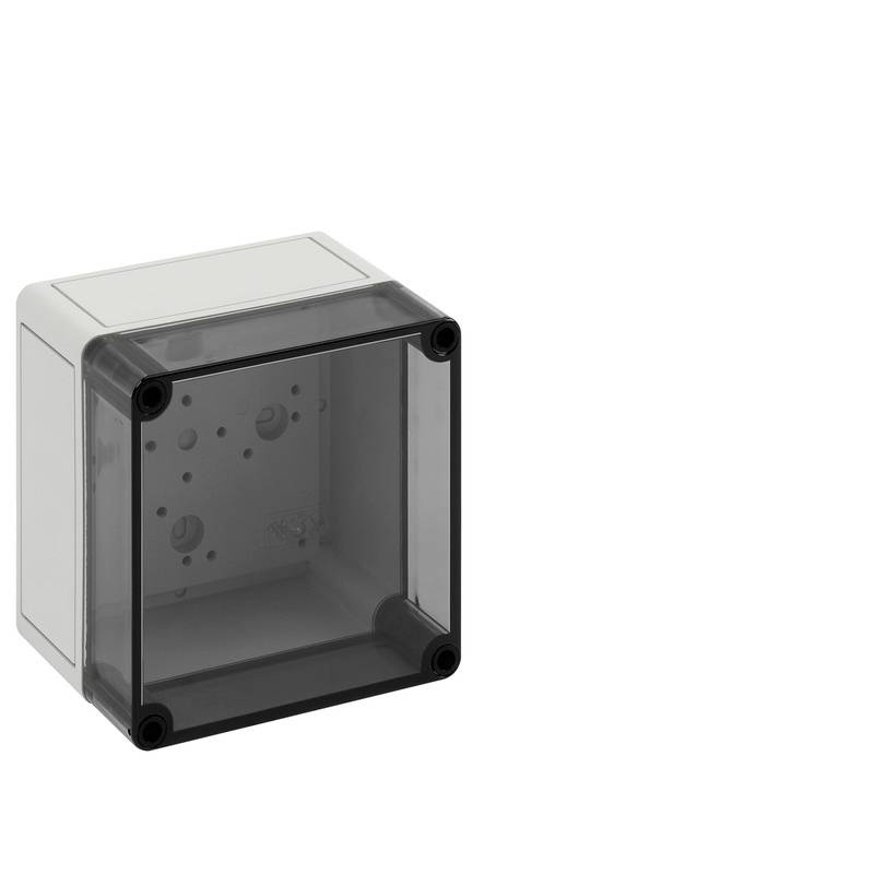 Malá čtvercová elektrická rozvodnice s tmavě transparentním předním krytem a čtyřmi rohovými šrouby, zobrazená izolovaně na bílém pozadí.