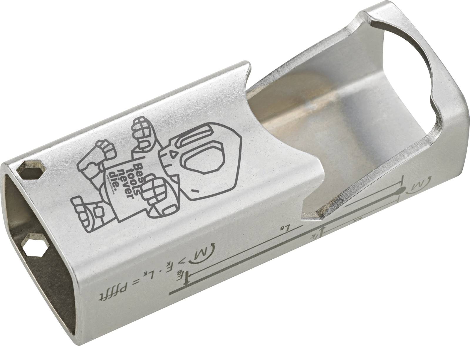 Kovový otvirák na láhve s designem kreslené robota a vyrytými mírami.