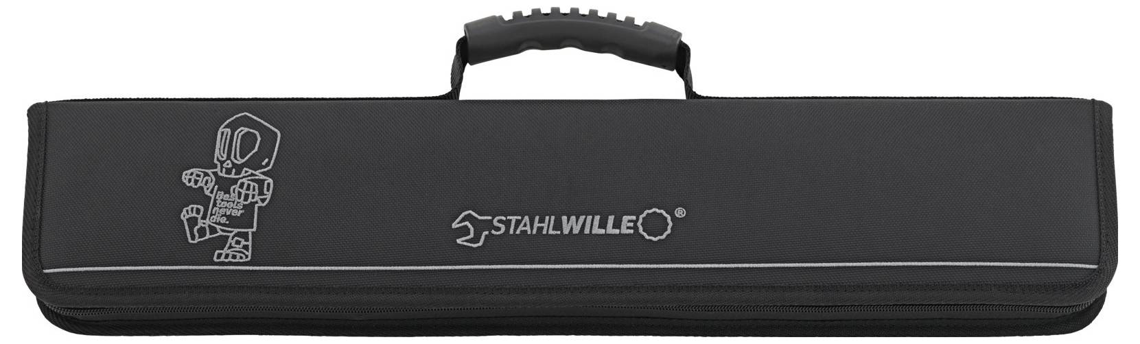 Černý kufřík na nářadí s rukojetí, který je vyzdoben kresleným designem robota a logem "STAHLWILLE".