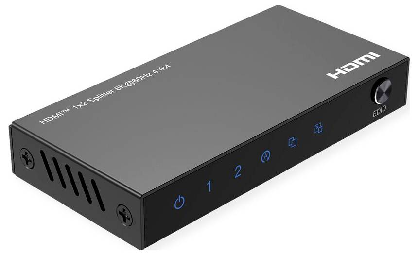 Černý přepínač HDMI pro připojení více zařízení k jednomu vstupу HDMI s tlačítky pro napájení a číslovanými indikátory zařízení.