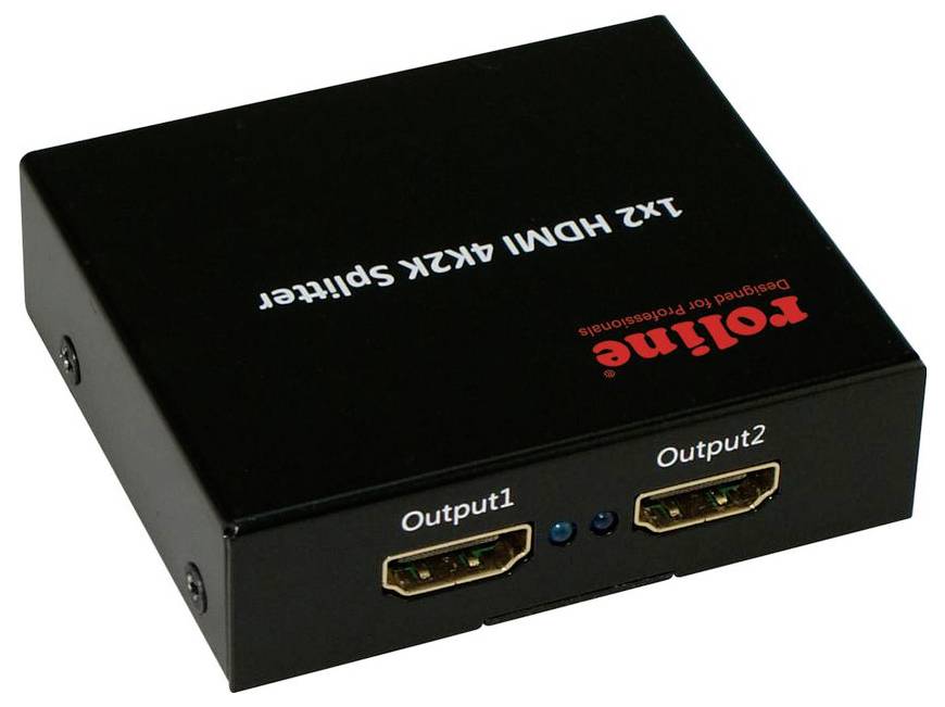 HDMI splitter se dvěma výstupy označenými 'Output1' a 'Output2', určený pro rozdělení signálu 4K na více displejů.