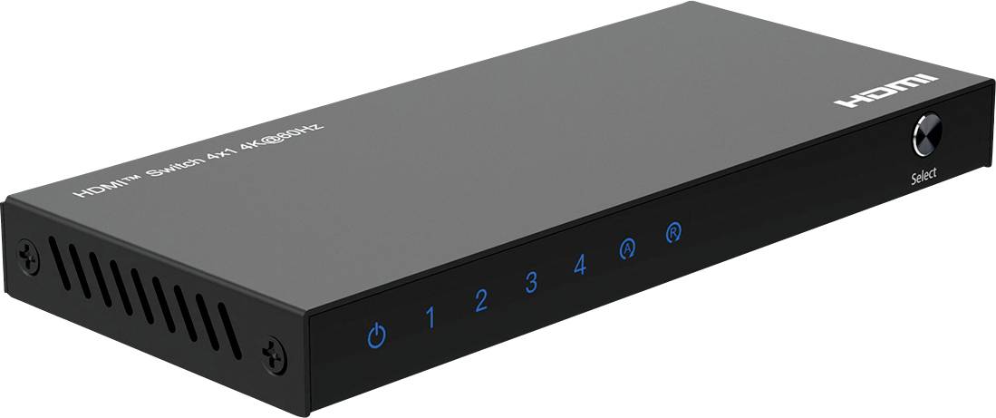 'Přepínač HDMI, 4x1, 4K/60Hz', zobrazuje černé obdélníkové zařízení se pěti modrými indikačními světly označenými 0 až 4 a tlačítkem 'Výběr'.