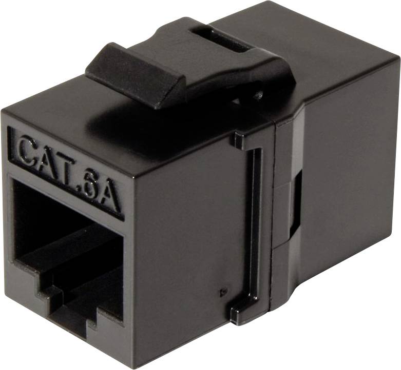 Zásuvka kategorie 6A Black Cat s západkou, používaná pro síťová připojení.