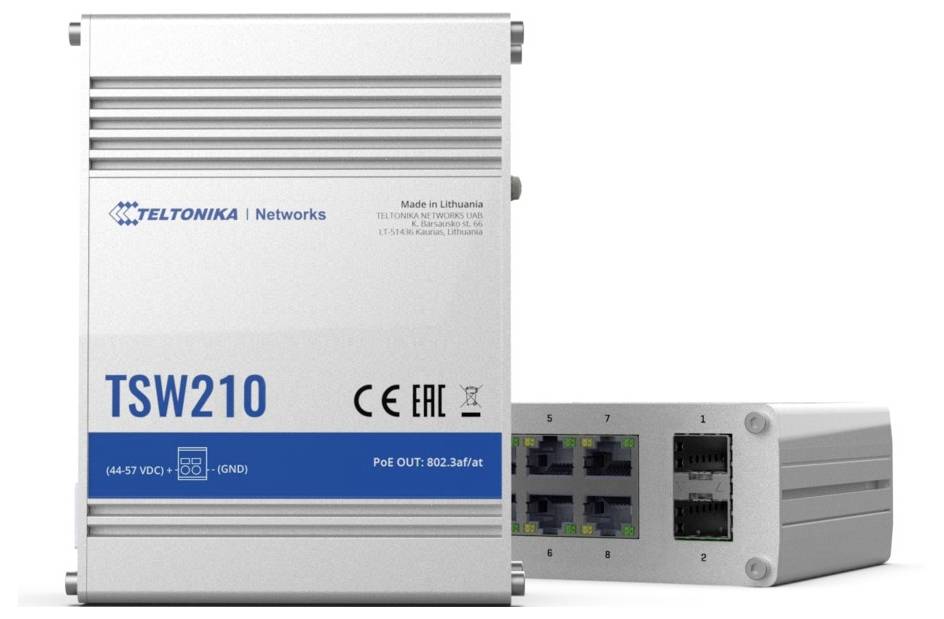Teltonika TSW210 síťový přepínač se čtyřmi porty Ethernet, podporou PoE a indikátory napájení a připojení. Vyrobeno v Litvě.