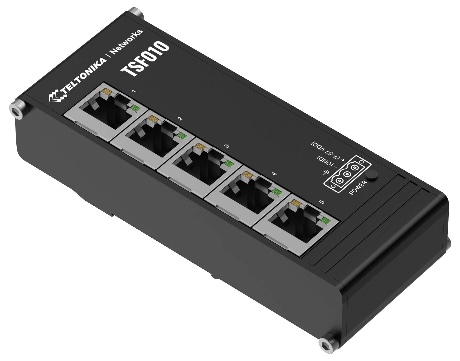 Síťový přepínač 'Teltonika Networks TSG010' s pěti porty Ethernet a LED indikátory pro přenos dat.