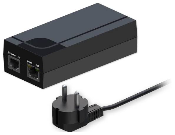 'Injektor Power over Ethernet s evropskou zástrčkou, vybavený porty Ethernet IN a PoE pro připojení síťových zařízení.'