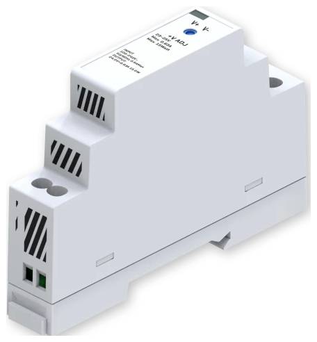 Bílé elektronické zařízení určené pro montáž na DIN lištu s ventilačními štěrbinami, přípojnými svorkami a štítky na přední straně.