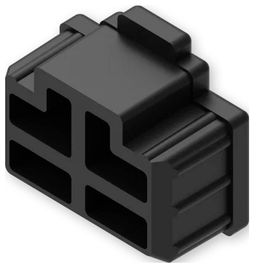 Černý 4pinový elektrický konektor zástrčka se čtvercovým čelem a vroubkovanými stranami, zobrazený na bílém pozadí.