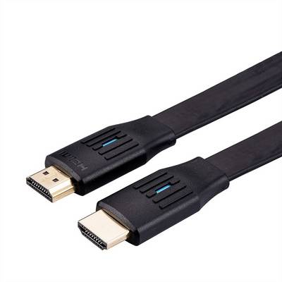 Dva černé HDMI kabely s plochými konektory a modrými proužky umístěnými paralelně vedle sebe na bílém pozadí.