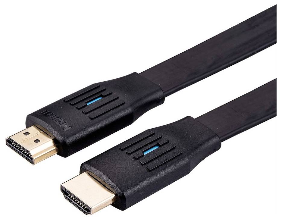 Ploché HDMI kabely s černými konektory, každý označený HDMI, s užším designem pro snadnější správu kabelů a připojení.