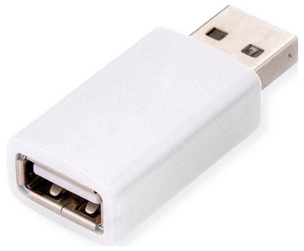 Bílý USB adaptér s vidlicí USB na jedné straně a zásuvkou USB na druhé straně.