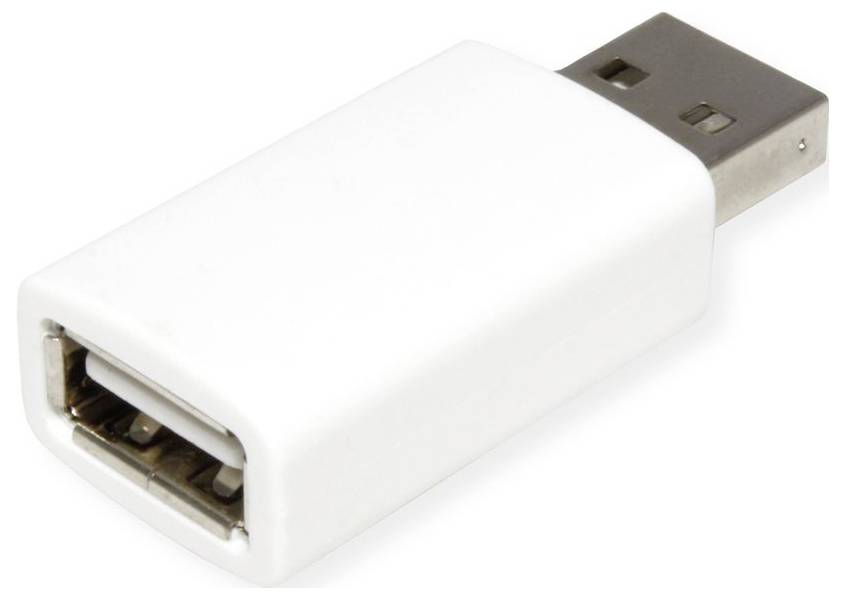 Bílý USB adaptér s kovovým konektorem, který se používá k převodu formátů USB nebo k připojení zařízení k počítači nebo nabíječce.