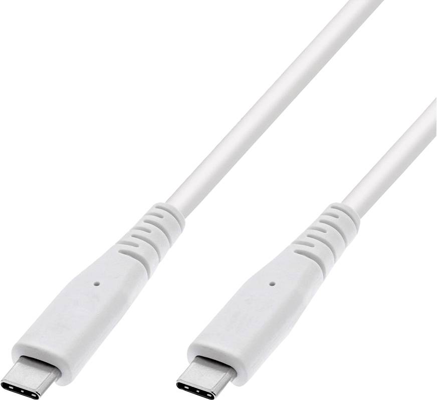 Bílý kabel USB-C na USB-C s konektory na obou koncích, vhodný pro nabíjení a přenos dat mezi kompatibilními zařízeními.