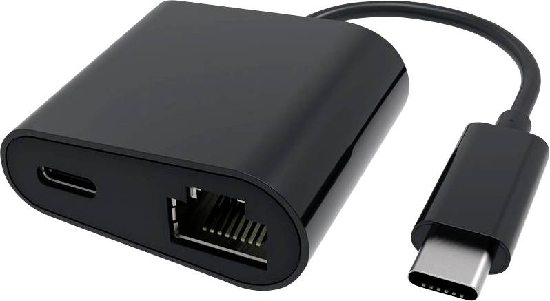 Černý adaptér USB-C na Ethernet s portem Ethernet a portem USB-C pro připojení na straně, zobrazený na bílém pozadí.