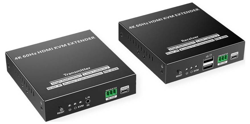 Zesilovač HDMI KVM 4K-60Hz s vysílací a přijímací jednotkou, zobrazující porty HDMI, USB a reset. Vhodný pro rozšíření video signálů.