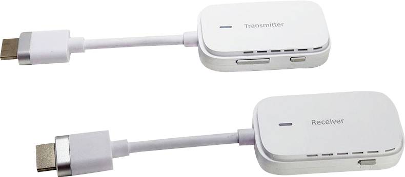 Sada bezdrátového HDMI vysílače a přijímače, každý s konektorem HDMI a označením "Vysílač" a "Přijímač", pro streamování videa.