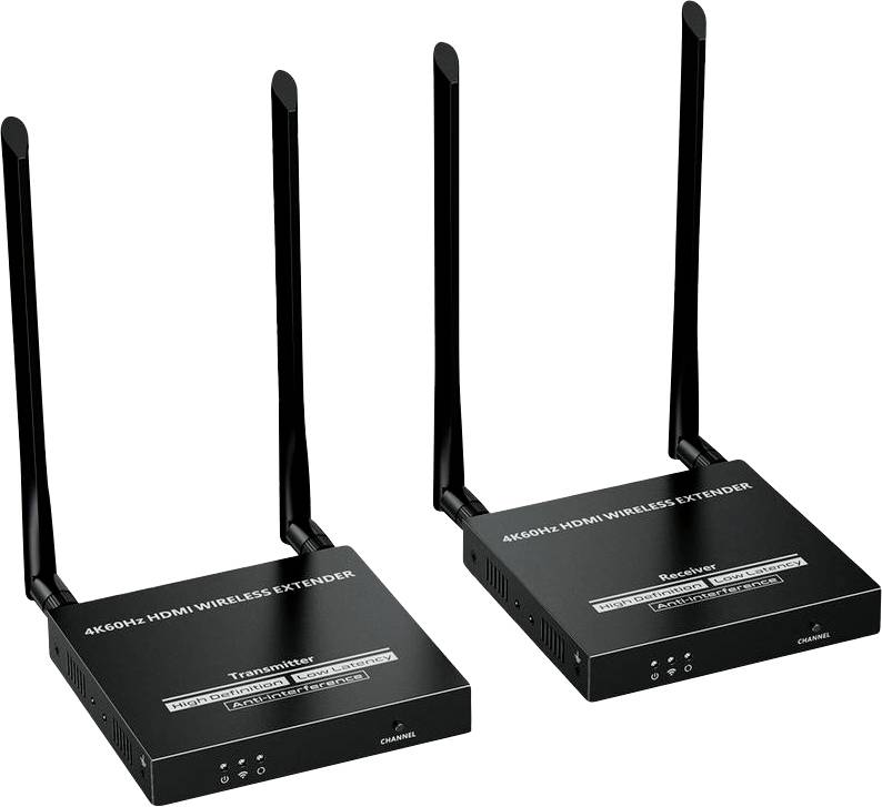 Bezdrátové zařízení pro rozšíření HDMI signálu '4K60Hz HDMI Wireless Extender Transmitter' a 'Receiver' s duálními anténami umožňují rozšíření signálu HDMI bez kabelů.
