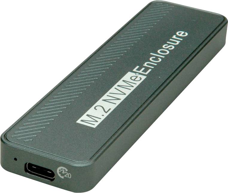 Kompaktní, obdélníkové pouzdro M.2 NVMe s portem USB-C na jednom konci, s texturovaným povrchem a jasným označením nahoře.