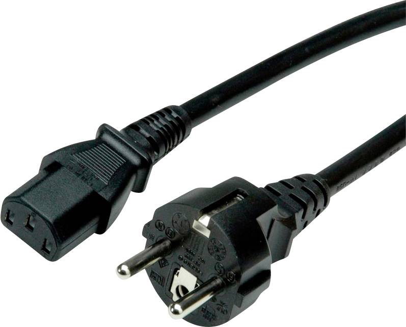 Černý elektrický napájecí kabel s evropskou zásuvkou a konektorem IEC C13, určený pro připojení elektrických spotřebičů ke zdroji energie.