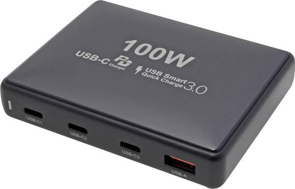 Value 19.99.1098 USB nabíječka, GaN, USB Power Delivery (USB-PD) , Qualcomm Quick Charge 3.0 , Rychlonabíječka, 1x USB A , 3x USB-C®, 100 W, Dodávka energie, černá