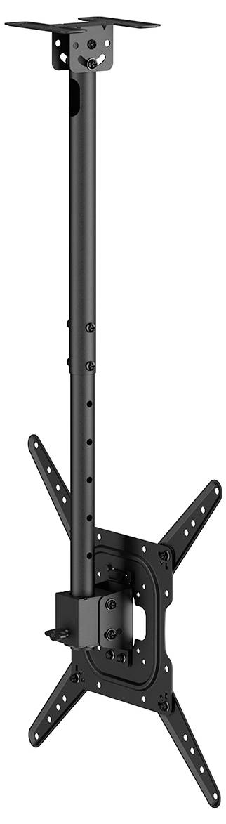 Stropní nastavitelný černý TV držák vhodný pro různé velikosti obrazovky, vybavený dlouhou tyčí a více šrouby pro bezpečné upevnění.