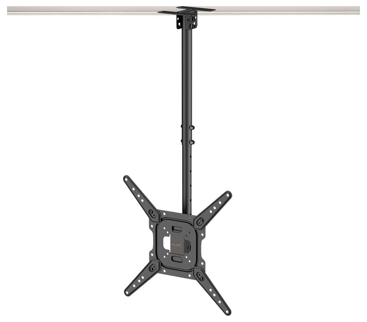 Černá nástěnná konzola na TV s prodlužovacím ramenem a nastavitelným sklonem, vhodná pro různé velikosti TV, zobrazena v zavěšené poloze.