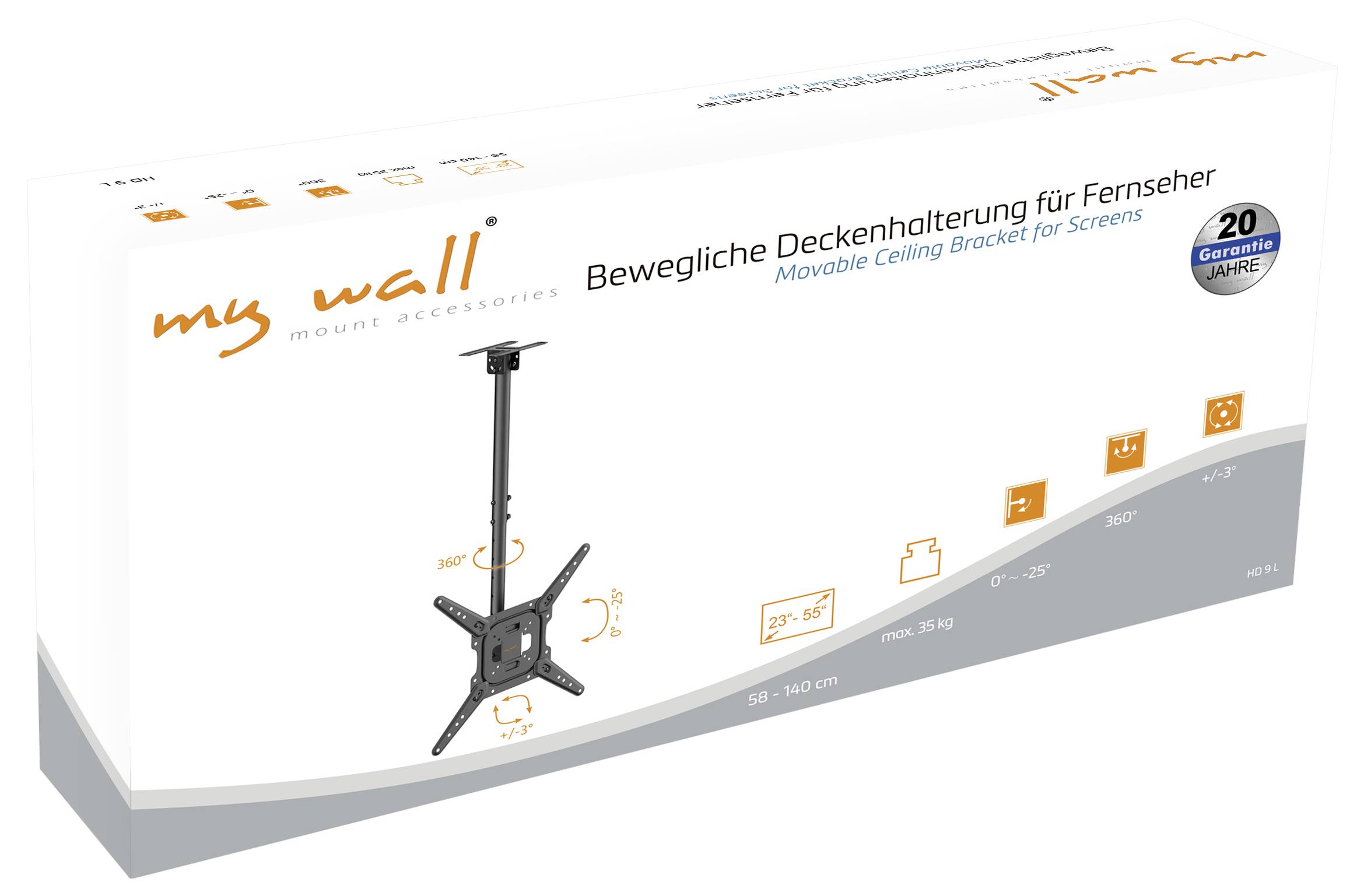 „Mobilní stropní konzola pro obrazovky" – balení zobrazující nastavitelnou konzolu pro televizory se základními specifikacemi a zárukou na 20 let.