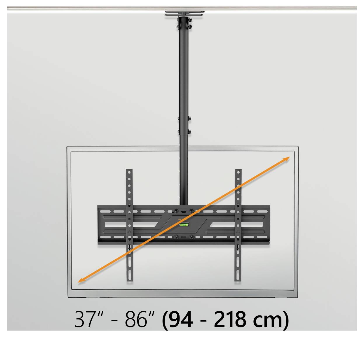 Stropní držák na TV vhodný pro velikosti obrazovky 37" až 86" (94–218 cm) znázorný na diagramu s nastavitelnými rameny a montážní konzolou.