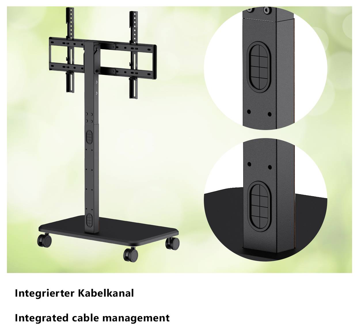 Stojan na TV na kolečkách s integrovanou správou kabelů zobrazený v detailním zobrazení. Text zní "Integrierter Kabelkanal" a "Integrated cable management".