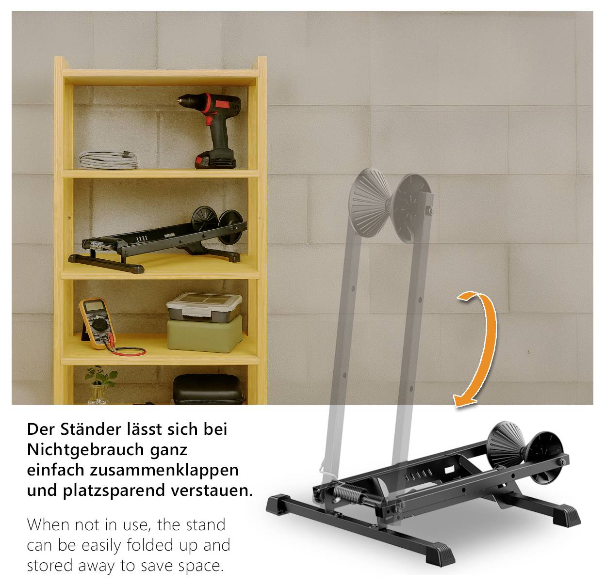 Skládací stojan s vrtačkou a malými krabicemi na polici; ilustrace ukazuje, jak se stojan může složit a skladovat pro úsporu místa.