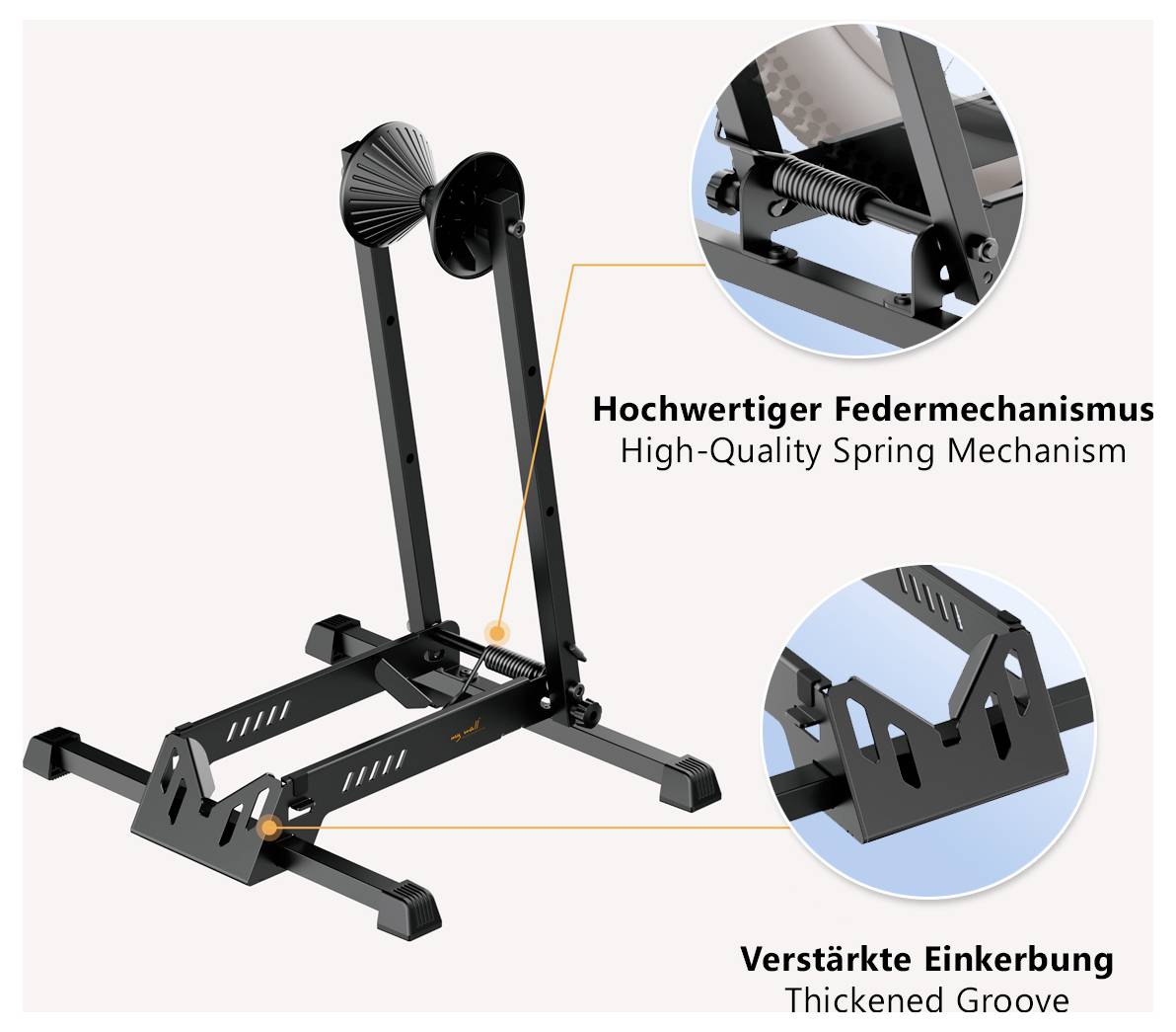 Stojánek s vysoce kvalitním pružinovým mechanismem a zesíleným drážkováním. Označení: Hochwertiger Federmechanismus, Verstärkte Einkerbung.
